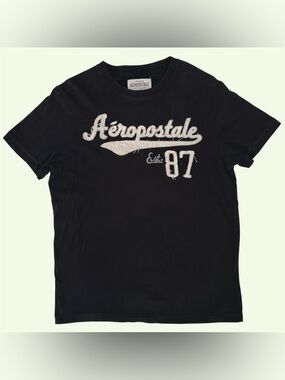 Y2K Aeropostale Frayed Spellout Distressed Short Sleeve Shirt Black Large